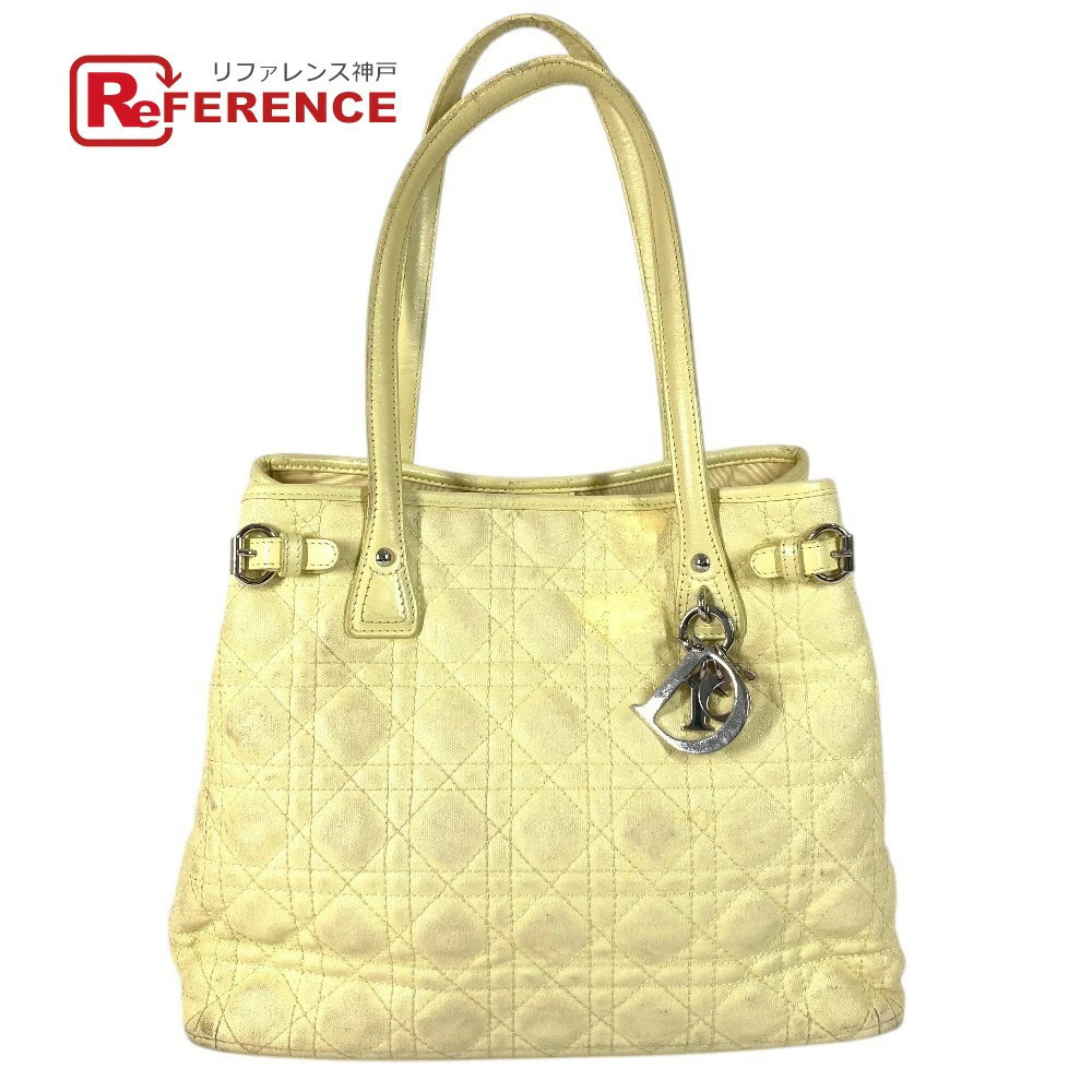 Christian Dior Cannage Quilted Bag Shoulder Tote Leather Canvas Yellow